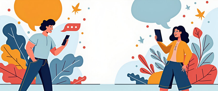 An engaging abstract illustration of consumer online behavior, characterized by bold colors and dynamic shapes, allowing for optimal copy space for branding messages.