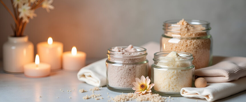 An elegant display of self care bath salts in glass containers, surrounded by soft linens and candles, promoting a self-reflection atmosphere while offering ample copy space.