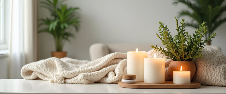 A serene and calming self-care setup featuring candles, plants, and a cozy blanket arranged using negative space and centered composition for relaxation.
