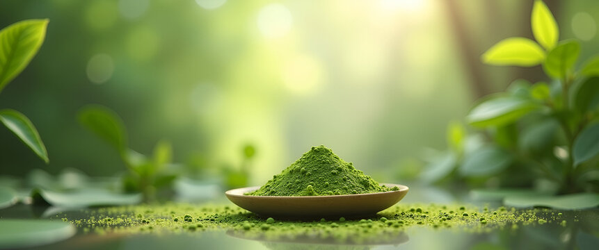 An uplifting scene featuring matcha powder artistically presented in a serene environment, emphasizing calmness and allowing for product promotion in copy space.