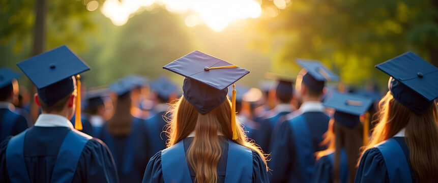 A visually appealing commencement photography aesthetic showcasing graduates in their outdoor ceremony, with ample negative space for overlays that highlight their achievement.