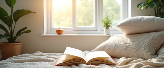 A tranquil self-care lifestyle setup showcasing a reading nook with natural light, soft pillows, and copy space for inspirational quotes or ideas.