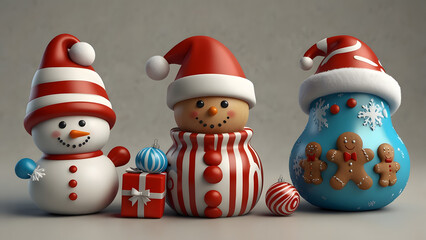 Festive christmas decorations featuring adorable snowmen and gingerbread characters in festive attire