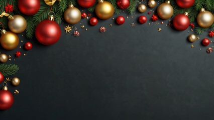 Festive christmas ornaments and greenery adorn a dark background creating a holiday border