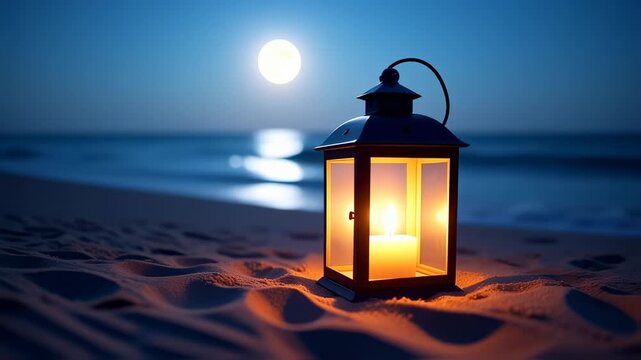 lantern glowing under the moonlight creating a serene atmosphere Romantic beach evening