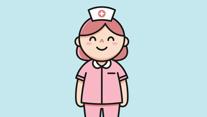Cartoon illustration of a smiling nurse wearing a pink uniform and cap, looking happy.