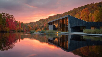 Obraz premium A striking modern building is reflected in a calm lake at sunset. The scene is framed by vibrant autumn foliage in warm colors creating a peaceful atmosphere.