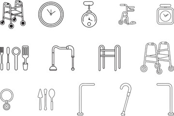 A black linear outline set for elderly accessibility. Walker with wheels, medication clock, fall alarm pendant, comfort cane, adaptive utensil set, and stability handrails. Vector illustration