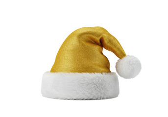 A vibrant gold santa hat with plush white faux fur trim and fluffy pompom, featuring highly detailed textures against a transparent studio background with copy space. Commercial holiday atmosphere