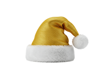 A vibrant gold santa hat with plush white faux fur trim and fluffy pompom, featuring highly detailed textures against a transparent studio background with copy space. Commercial holiday atmosphere