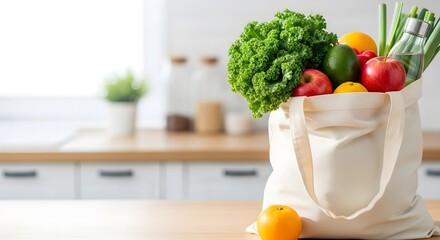 Organic produce in a reusable grocery bag on a bright kitchen countertop, symbolizing a fresh start concept for healthy eating and New Year wellness.