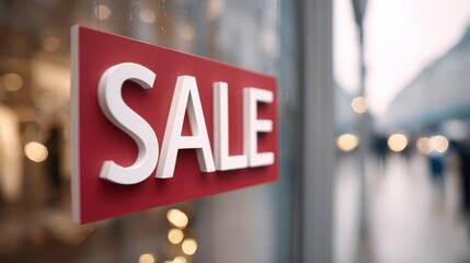 Large red sale sign prominently displayed in the window of an online store, creating a vibrant and inviting shopping atmosphere for customers