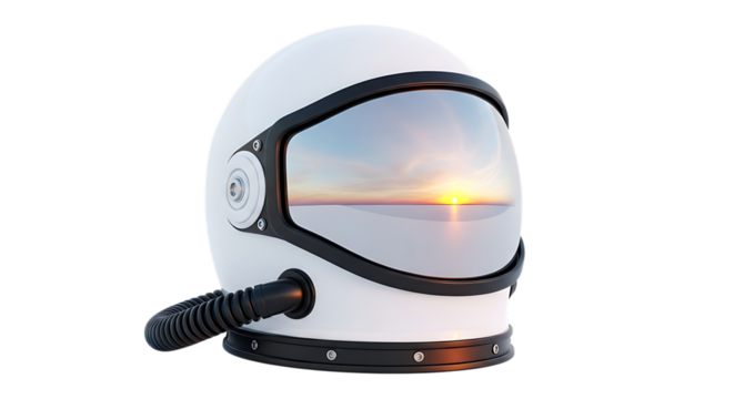 Astronaut helmet reflecting a sunset over the horizon conceptual dream