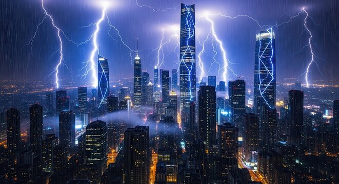 Massive lightning bolts striking a modern city skyline at night