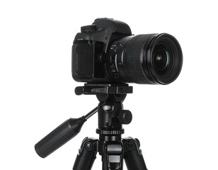 Black digital camera with lens mounted on a tripod, isolated on white