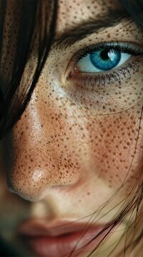 Primer plano de un rostro femenino con pecas y ojos azules intensos.