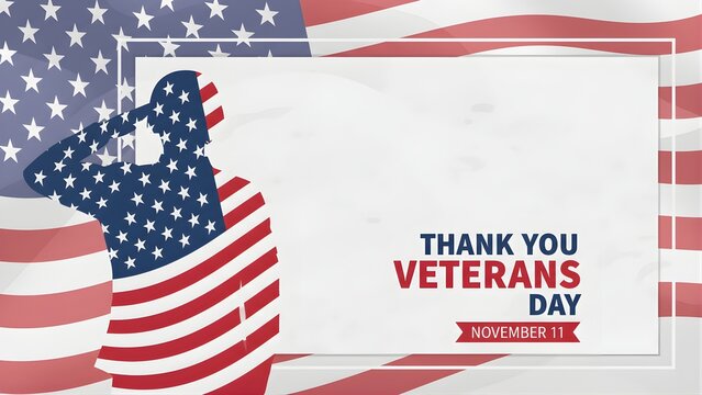 Thank You Veterans Day design with silhouette of saluting soldier on American flag background.