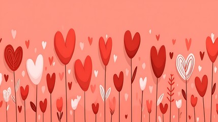 Field of Stylized Heart Flowers in Shades of Red and Pink
