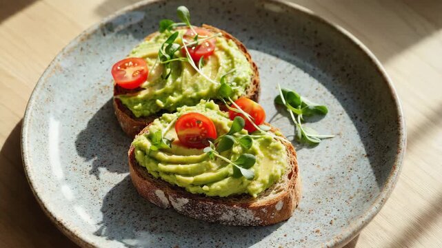 Fresh avocado toast with cherry tomatoes and microgreens on rustic sourdough bread served on a