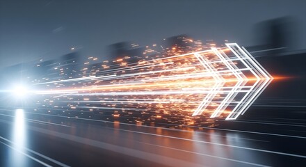 Abstract arrow of light over blurred cityscape representing business transformation and decision intelligence, speed, data-driven direction and strategic change