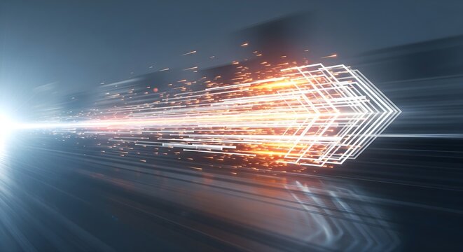 Abstract arrow of light over blurred cityscape representing business transformation and decision intelligence, speed, data-driven direction and strategic change - Powered by Adobe