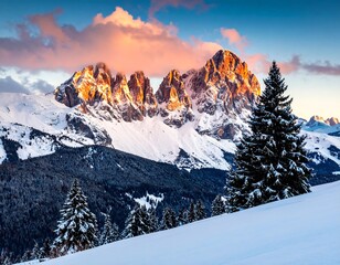 Majestic snow-capped mountains at sunrise, with evergreen trees and soft pastel clouds