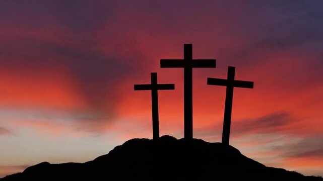 Three wooden crosses silhouetted against a dramatic sunset sky, symbolizing faith and hope - Powered by Adobe