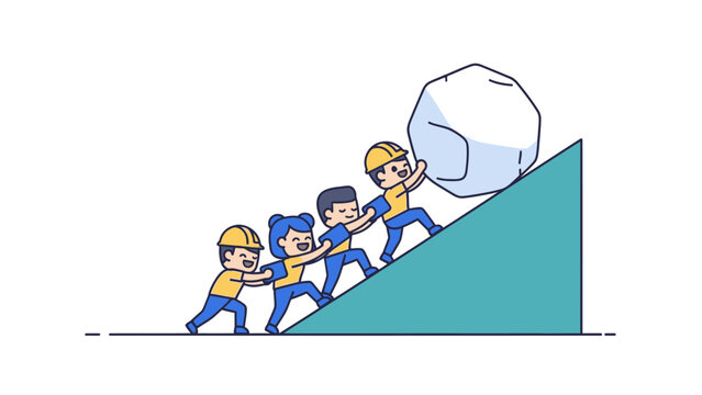 Team Pushing Boulder Up Steep Hill Showing Hard Work and Teamwork