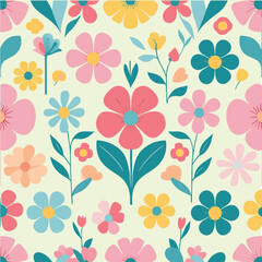 Cute Floral Seamless Pattern with Colorful Retro Flowers, Pastel Spring Background, Vector Botanical Repeating Design