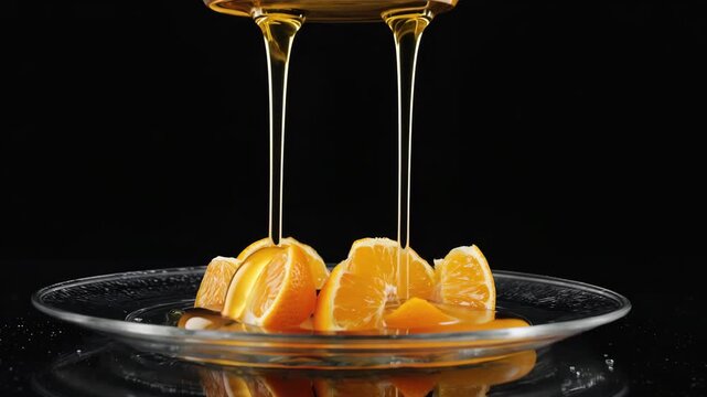 Golden honey pouring onto fresh orange slices on a glass plate with dark background slow motion