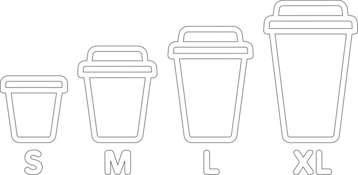 Outlined Disposable Coffee Cups in Four Sizes Small, Medium, Large, and Extra Large
