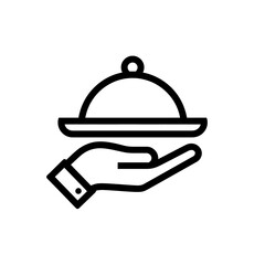 Fototapeta premium A black outline icon depicting a hand holding a covered serving platter on a white background