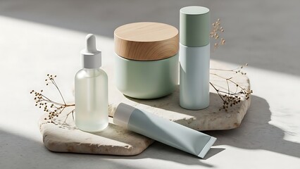 Naklejka premium Natural cosmetic products on stone pedestals with dried plants in sunlight