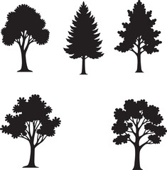 Five black tree silhouettes on white background vector