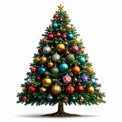 Decorated Christmas tree with colorful ornaments and golden star for festive season celebration in winter holiday.