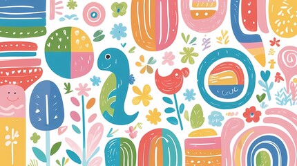 Colorful cartoon pattern background with dinosaur bird flowers rainbows and abstract shapes for kids design