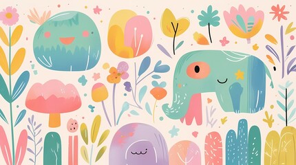 Cute elephant flowers plants illustration pastel colors whimsical art children's decor nursery print design