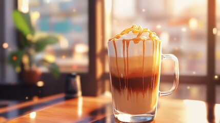 A delicious caramel latte with whipped cream and caramel drizzle, served in a clear glass mug on a wooden table