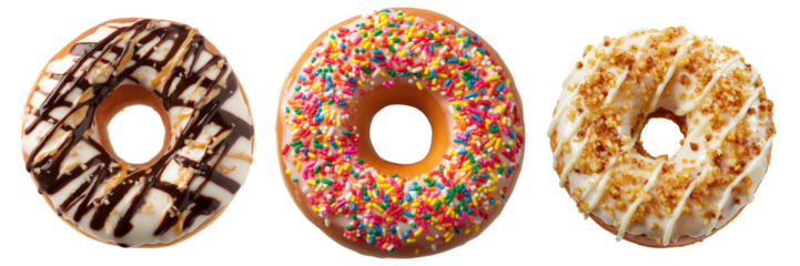 three donuts isolated on transparent background - cut out design element set