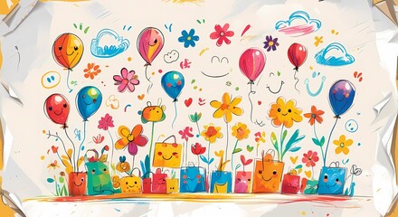 Cheerful celebration with balloons flowers and shopping bags a whimsical cartoon illustration for happy themes