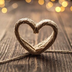 Rustic Heart String Decoration on Wooden Surface with Bokeh Background for Valentine's Day or Romance.