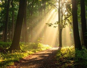 Obraz premium Sun Rays Through Trees in a Forest: A Path to Serenity and Tranquility in the Woods.