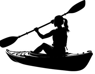Silhouette of a person paddling a kayak, isolated on white