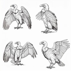 Naklejka premium Vulture Illustrations Set Black and White Hand Drawn Sketch Collection of Wild Birds Various Poses and Wing Positions.