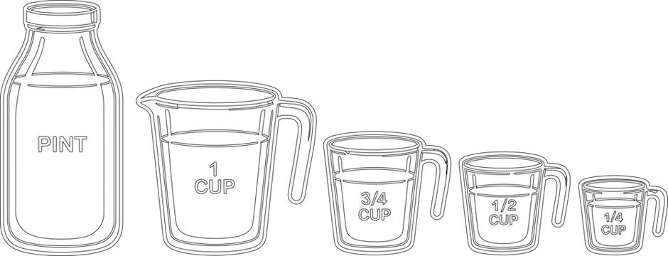 Outlined Pint Bottle with Measuring Cups Ranging from One Cup to Quarter Cup