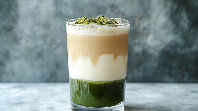 Layered matcha latte with frothy milk and matcha powder on top, served in a tall glass against a textured background