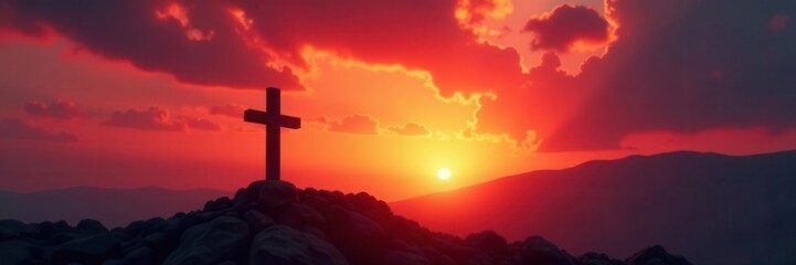 Obraz premium Dramatic cross silhouette against vibrant sunset, conveying sacrifice , holy, God