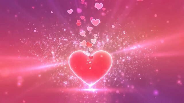 Abstract Glowing Heart Shape Erupts With Tiny Pink Hearts And Sparkles Against A Pink Purple Gradient Background With Light Rays