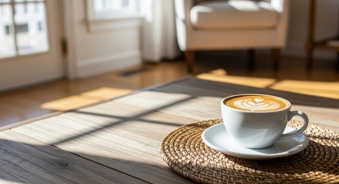 Warm sunlight bathes cozy coffee cup indoors morning glow - Powered by Adobe