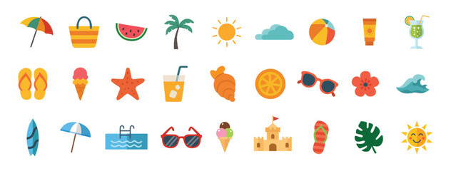 Big summer holiday elements vector icon set for travel beach vacation and tropical resort.
